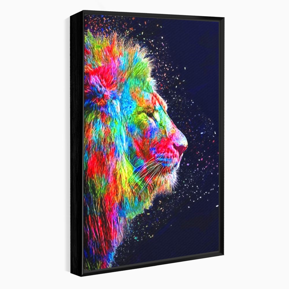 Tablou canvas cu tablou canvas cu profil de leu multicolor, in rama de aluminiu negru